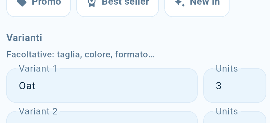 The variant rows: name on the left, units on the right.