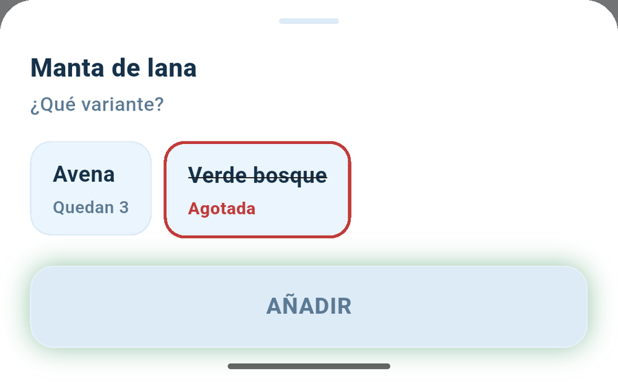 Las variantes agotadas están tachadas y en rojo.