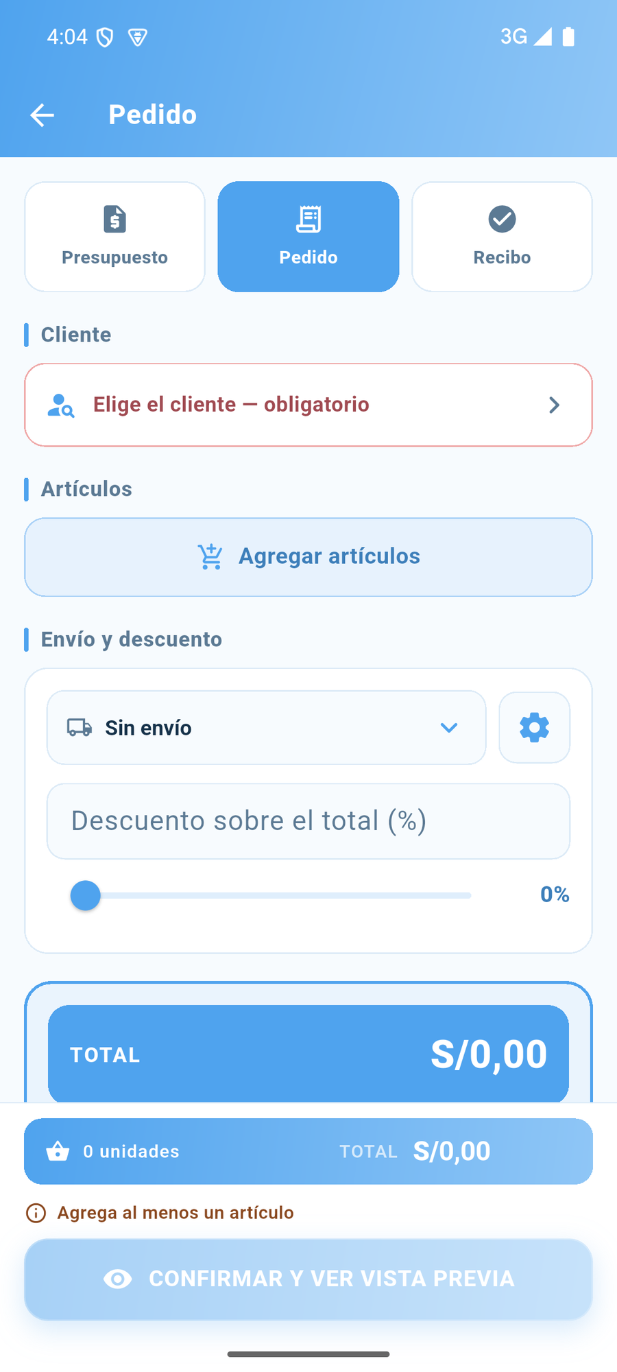 La pantalla de creación de un documento.