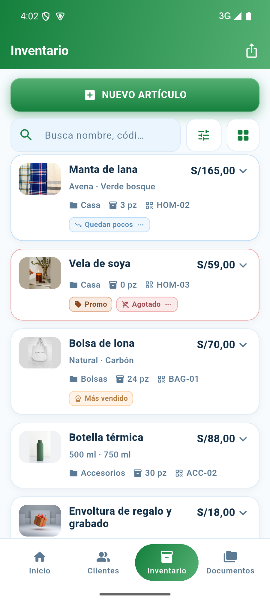 La lista del inventario.