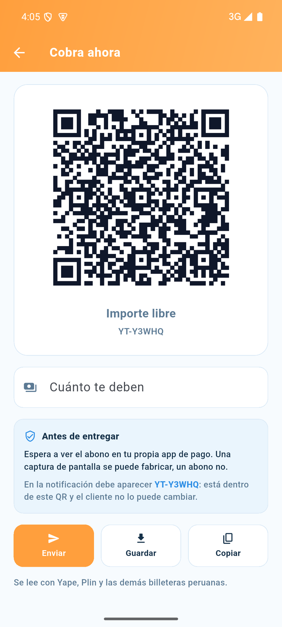 El QR listo para mandar, con el monto escrito adentro.