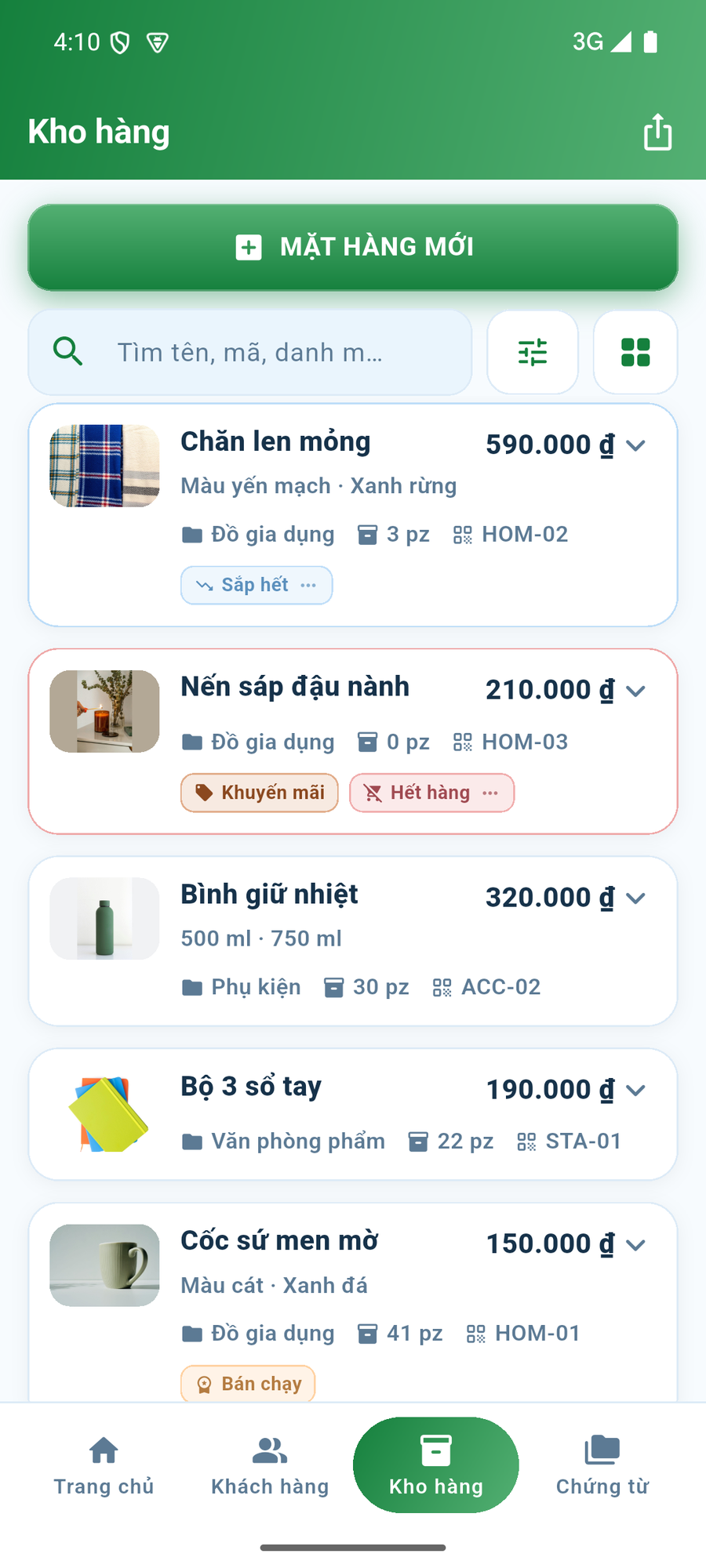 Danh sách kho hàng.