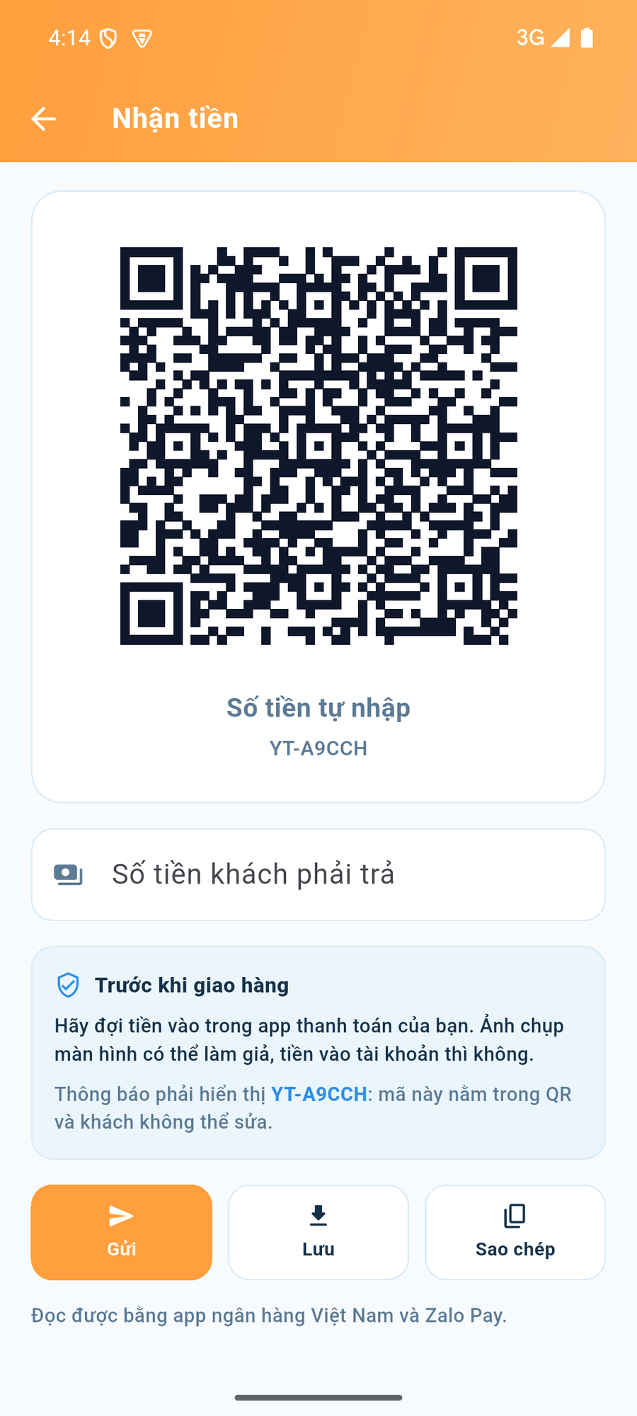 Mã QR sẵn sàng để gửi, với số tiền đã ghi sẵn bên trong.