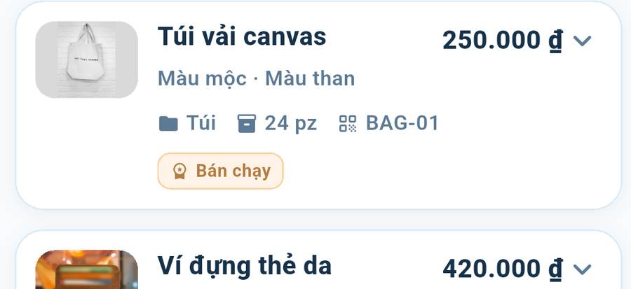 Các dòng phiên bản: tên bên trái, số lượng bên phải.
